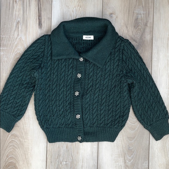 MOSCHINO 100% VIRIGN WOOL CABLE KNIT CARDIGAN SWEATER RHINESTONE BUTTONS SIZE 12